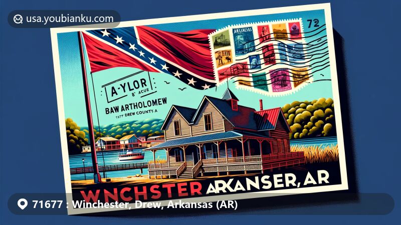Modern illustration of the Taylor Log House and Bayou Bartholomew in Winchester, Drew County, Arkansas, featuring a vibrant postcard with a postal theme and the Arkansas state flag.