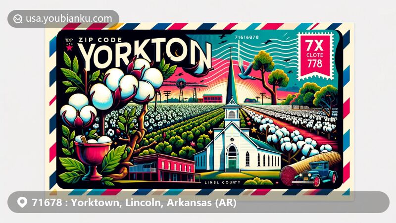 Modern illustration representing Yorktown, Arkansas, with postal theme and elements like Bayou Bartholomew, cotton fields, Oak Grove Baptist Church, and ZIP code 71678.