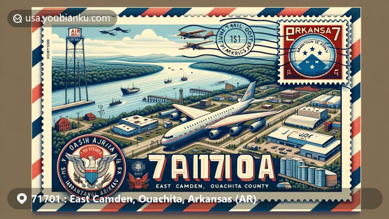 Modern illustration of East Camden, Ouachita County, Arkansas, on a vintage-style air mail envelope, featuring Arkansas state flag and Ouachita River, showcasing the area's history, natural beauty, and industrial heritage.