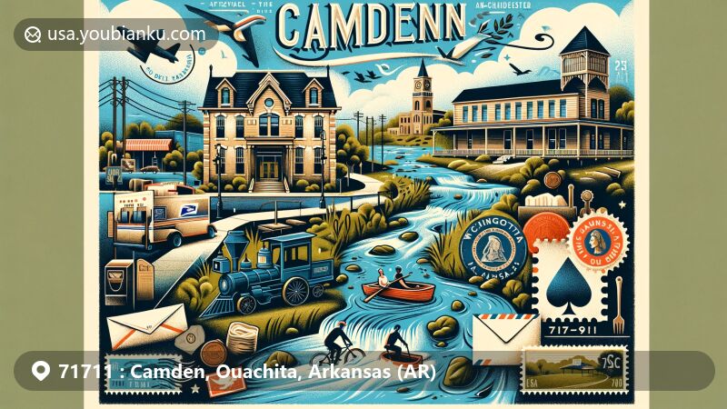 Modern illustration of Camden, Ouachita County, Arkansas, highlighting ZIP code 71711 with a blend of historical landmarks like McCollum-Chidester House, natural beauty of Ouachita River, and postal elements. Features mountain biking, river activities, and a vibrant color scheme.