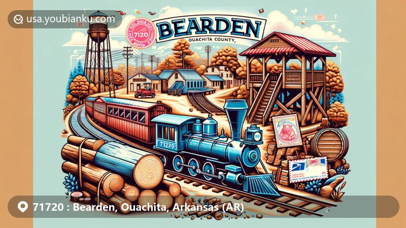 Modern illustration of Bearden, Ouachita County, Arkansas, capturing the town's history as a railroad and timber hub, including timber industry motifs, railway features, vintage train, gazebo festival, and postal elements like air mail envelope and ZIP code 71720.