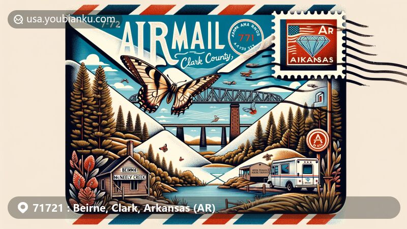 Modern illustration of Beirne, Clark County, Arkansas, featuring McNeely Creek Bridge, state symbols like pine tree and Diana Fritillary butterfly, and a stamp showcasing Arkansas state gemstone, with postal elements reflecting rich timber industry history.