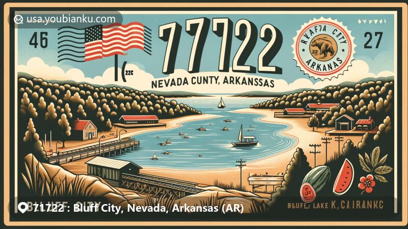 Modern illustration of Bluff City, Nevada County, Arkansas, with a postcard theme featuring ZIP code 71722, stamps, a postmark, and serene natural beauty of White Oak Lake State Park.
