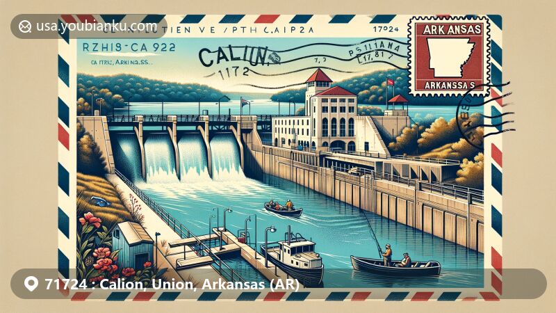 Modern illustration of Calion, Arkansas, featuring Ouachita River Lock and Dam, timber mill, and recreational fishing on Lake Calion, blending history with tourism, showcasing natural beauty of Ouachita River and Lake Calion.