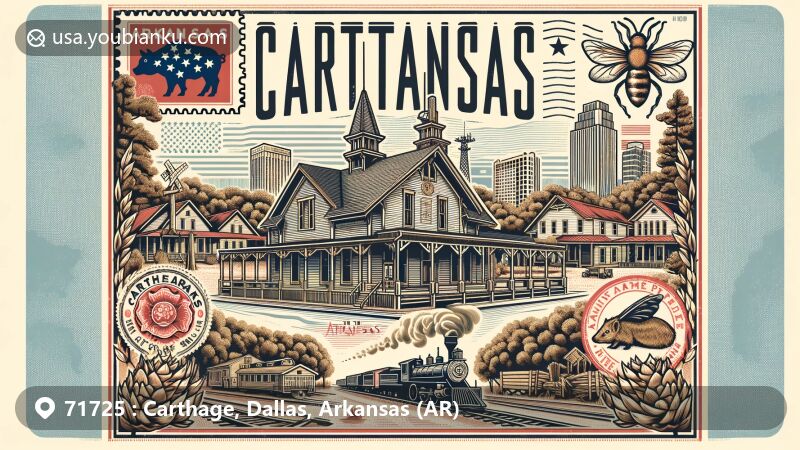 Modern illustration of Carthage, Dallas, Arkansas, showcasing historical and cultural heritage, including timber industry history and railroad connection, featuring Bank of Carthage as a notable landmark and Arkansas state symbols.