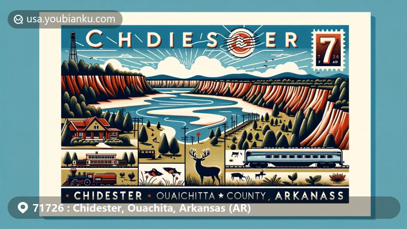 Modern illustration of Chidester, Ouachita County, Arkansas, showcasing natural beauty and local symbols, including White Oak Lake, White Oak State Park, the Little Grand Canyon, vintage train, local flora and fauna, and postal elements with ZIP code 71726 and 'Chidester, AR'.