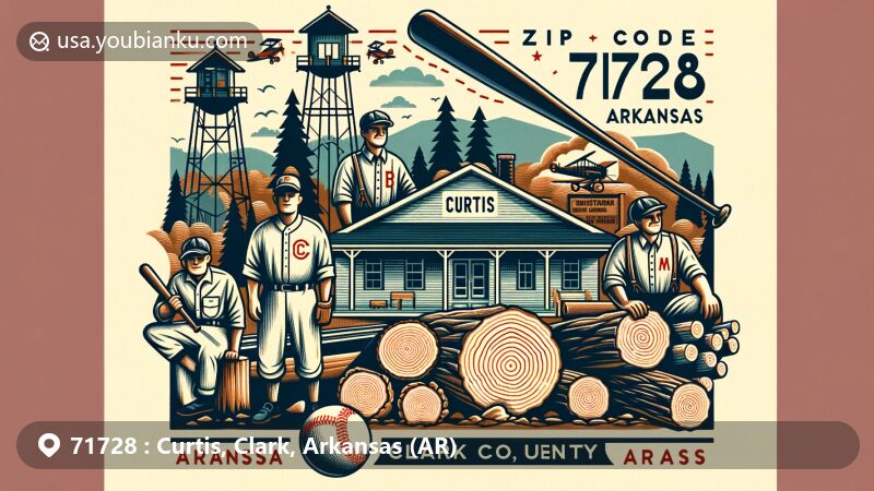Modern illustration of Curtis, Clark County, Arkansas, showcasing postal theme with ZIP code 71728, featuring regional history, including Iron Mountain Railroad, timber industry, Curtis Millers baseball team, and Caddoan Mississippian culture.