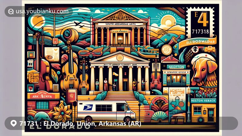 Modern illustration of El Dorado, Union, Arkansas, capturing cultural and postal themes with iconic symbols like South Arkansas Arts Center, South Arkansas Symphony, and Newton House Museum.