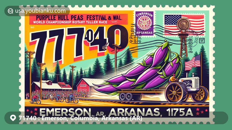 Modern illustration of Emerson, Arkansas, featuring Purple Hull Peas Festival and World Championship Rotary Tiller Race, showcasing community spirit and rural charm.