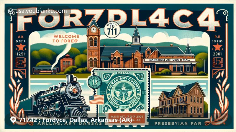 Modern illustration of Fordyce, Dallas, Arkansas (AR) with ZIP code 71742, featuring Mainstreet Antique Mall, F&P steam locomotive #101, Peace Park, Dallas County Courthouse, and Presbyterian Church. Engaging postcard theme with vintage postage stamp and air mail elements, set against lush Arkansas landscape.