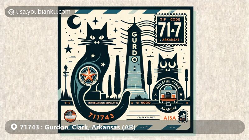Modern illustration of Gurdon, Arkansas, showcasing Hoo Hoo monument with black cats, symbolizing birthplace of International Concatenated Order of Hoo Hoo, nestled within historical timber and railroad town of Clark County.