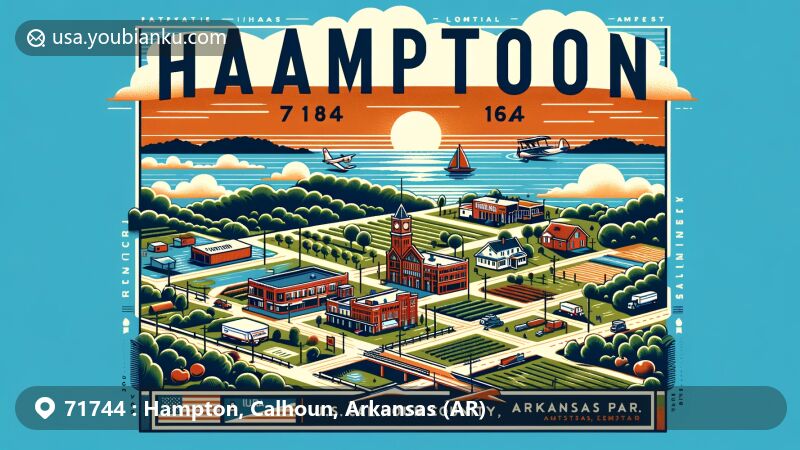 Modern illustration of Hampton, Calhoun County, Arkansas, featuring U.S. Routes 278 and 167 intersecting in town, highlighting key attractions like Hampton City Park, the Calhoun County Museum, and Suzanne's Fruit Farm, with vintage postal elements displaying ZIP code 71744 and Arkansas state flag.
