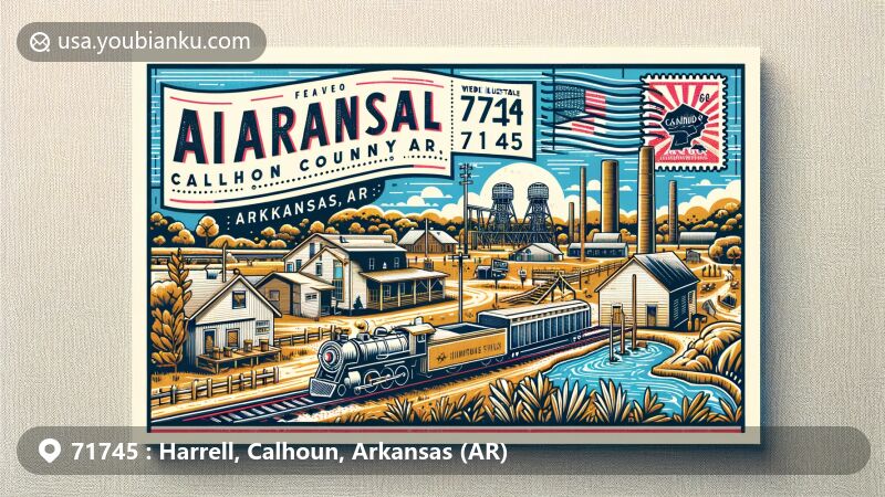 Modern illustration of Harrell, Calhoun County, Arkansas, showcasing local culture and geography with elements like the Gulf Coastal Plain, a sawmill, and historic railroads. Depicts a vibrant community with prehistoric mounds symbolizing Caddo heritage, plus postal features like a vintage postcard format and ZIP code 71745.
