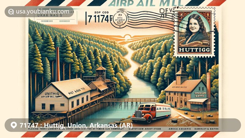 Modern illustration of Huttig, Arkansas, showcasing timber industry origins with Union Saw Mill Company representation, Ouachita River symbolizing transportation routes, vintage air mail envelope featuring civil rights activist Daisy Bates, and ZIP code 71747.