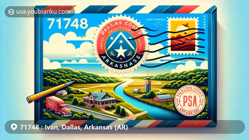 Modern illustration of Ivan, Dallas County, Arkansas, showcasing postal theme with ZIP code 71748, featuring air mail envelope, postage stamps, and postmark with Arkansas state symbols.
