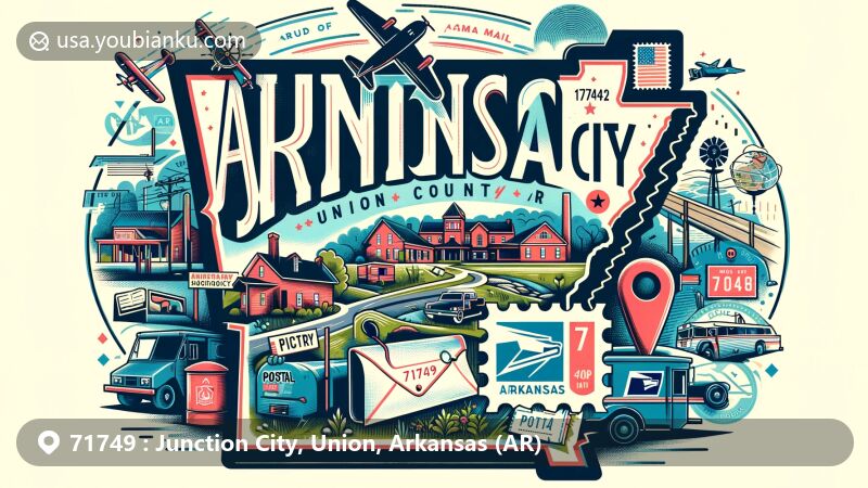 Modern illustration of Junction City, Union County, Arkansas, featuring postal theme with ZIP code 71749, showcasing Arkansas silhouette, Union County highlight, and Junction City marker.