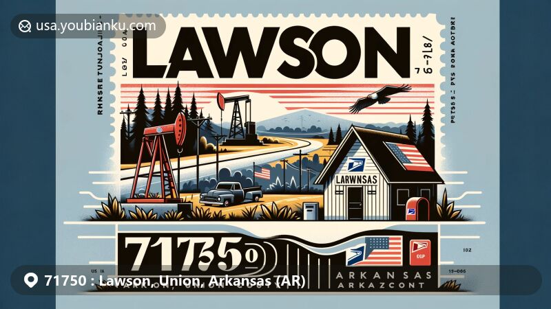 Modern illustration showcasing Lawson area, Union County, Arkansas, with ZIP code 71750, featuring rural beauty and Arkansas landscape elements, including post office symbol and state flag.
