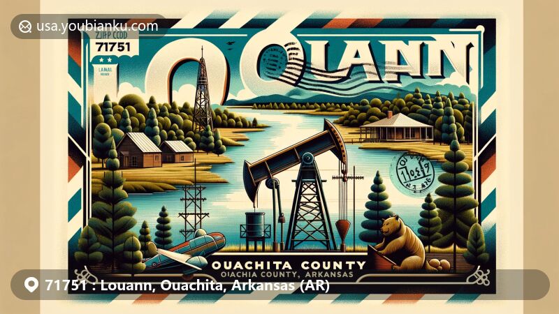 Vintage-style illustration of Louann, Ouachita County, Arkansas, featuring Ouachita River, oil derrick, pine trees, and airmail elements, symbolizing historical and natural identity.
