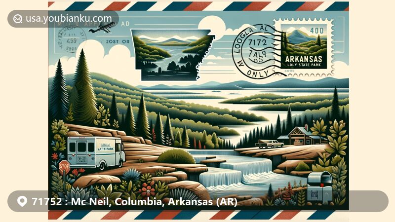 Modern illustration of Logoly State Park, Arkansas, with a postcard design incorporating airmail elements, postmark '71752 Mc Neil, AR', stamp, mailboxes, and vans.