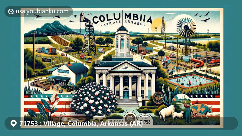 Modern illustration of Village, Columbia, Arkansas, portraying agricultural landscapes, cattle farming, and Southern Arkansas University, highlighting oil derricks, magnolia trees, murals, and festival scenes, with postal elements and ZIP code 71753.