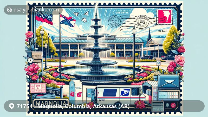Modern illustration of Magnolia, Arkansas, with Magnolia Square, fountain, gazebo, Arkansas state flag, Columbia County outline, postage stamp, postmark, ZIP Code 71754, mailbox, and mail truck.