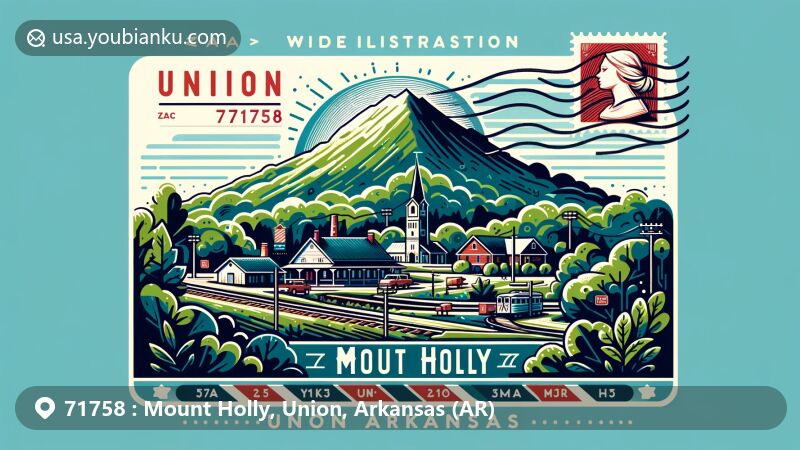 Modern illustration of Mount Holly, Union County, Arkansas, featuring rural charm, green landscapes, and postal theme with ZIP code 71758. Includes elements like postcard design, stamp, postmark, and Arkansas highways 57 and 160.