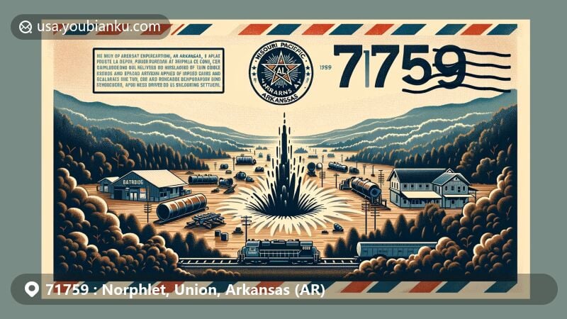 Modern illustration of Norphlet, Union County, Arkansas, capturing the region's historical and cultural significance, featuring the famous oil well explosion crater and Missouri Pacific Railroad depot.