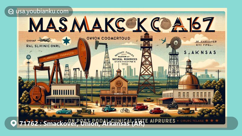 Modern illustration of Smackover, Union County, Arkansas, featuring retro-style postcard or airmail envelope design, incorporating rich oil heritage. Showcasing the discovery of Smackover Oil Field and wells in 1922, leading to significant economic prosperity. Highlighting listed Smackover Historic Commercial District with historic buildings, oil well exhibits and murals, and Arkansas Museum of Natural Resources, emphasizing its role in preserving Arkansas natural resource history including oil, brine, and lumber, especially showcasing the re-created oil town and the original circus trailer home of 'Goat Lady' Rhena Meyer from South Arkansas. Including postal elements like stamps, postal marks with 'Smackover, AR 71762,' and vintage postal vehicles or mailboxes. Background subtly features the geographical outlines of Union County and Arkansas, emphasizing Smackover's position within. Vividly attractive design balancing historical significance and postal charm, rich in detail yet not overcrowded, allowing each element to be appreciated.