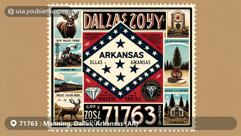 Modern illustration of Manning, Dallas County, Arkansas, featuring Arkansas state flag backdrop, highlighting timber industry and railroads, and incorporating state symbols like pine tree, white-tailed deer, honeybee, and diamond. Postal theme with vintage postcard layout and '71763' ZIP code, stamp-like design with apple blossom.