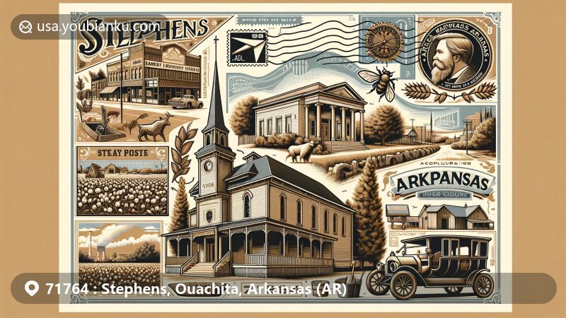 Modern illustration of Stephens, Arkansas, showcasing postal theme with ZIP code 71764, historical landmarks, agricultural scenes, and Arkansas state symbols like the Pine tree and state mammal.