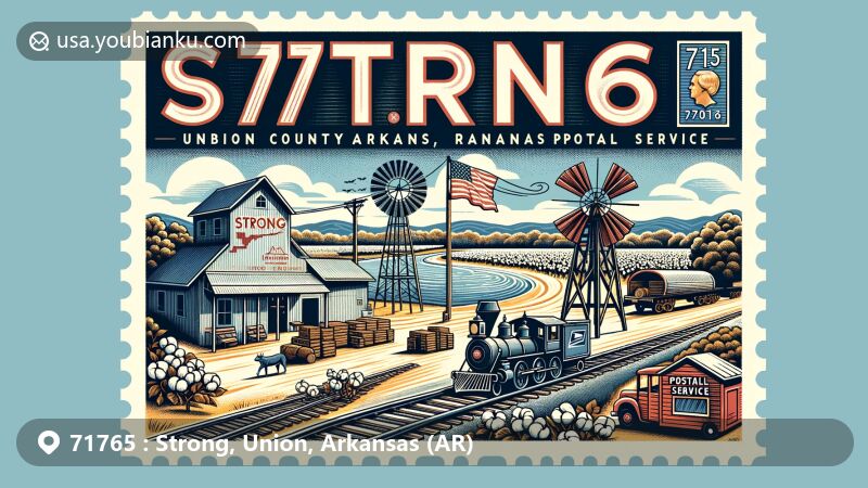 Modern illustration of Strong area, Union County, Arkansas, highlighting postal theme with ZIP code 71765, featuring historical elements of railroad tracks, cotton farming, and lumber operations.