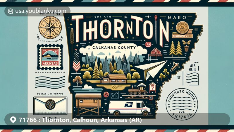 Modern illustration of Thornton, Calhoun County, Arkansas, highlighting timber industry and railway connection, with Arkansas state symbols and postal elements like mail van and stamps.
