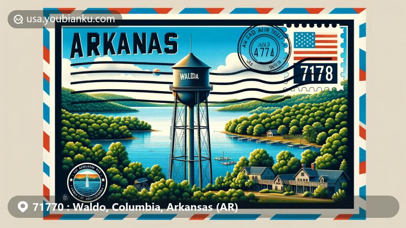 Modern illustration of Waldo, Columbia County, Arkansas, featuring postal theme with ZIP code 71770, showcasing Lake Columbia, Waldo water tower, and lush subtropical landscape.
