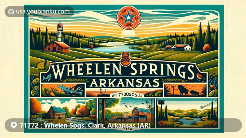 Modern illustration of Whelen Springs, Clark County, Arkansas, featuring rural charm and natural beauty with forests, farmland, and symbols of outdoor activities like fishing, hunting, hiking, and camping. Central focus on 'Whelen Springs, AR 71772,' surrounded by trees, a stream (hinting at nearby Little Missouri River), and wildlife icons. Background seamlessly integrates Arkansas state flag, with postcard border mimicking vintage airmail envelope style, complete with postal stamp displaying ZIP code and 'Whelen Springs, AR - 71772.' Creative and eye-catching design ideal for showcasing Whelen Springs' distinct features on a webpage without feeling cluttered.