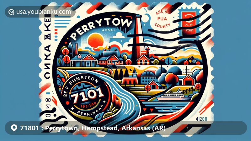 Modern illustration of Perrytown, Hempstead County, Arkansas, featuring ZIP code 71801, with a creative postcard design integrating local and county landmarks, including U.S. Highway 67 and iconic attractions like Historic Washington State Park and natural parks.