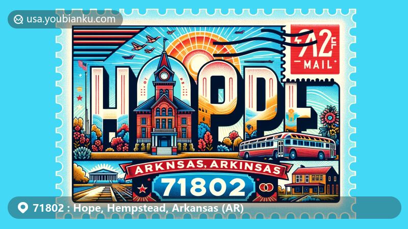 Unique wide-format illustration of Hope, Hempstead County, Arkansas, featuring birthplace of President Bill Clinton, Fair Park, and Hempstead Hall, showcasing rich political heritage and recreational landmarks.