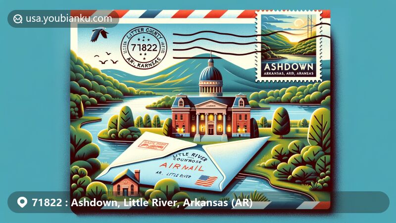 Modern illustration of Little River County Courthouse in Ashdown, Arkansas, featuring airmail envelope with Millwood Lake postage stamp, 71822 ZIP code, and bird-watching theme.