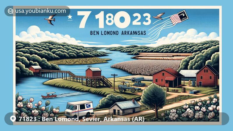 Modern illustration of Ben Lomond, Arkansas, Sevier County, blending natural resources, agricultural history, and postal culture, featuring Little River, Millwood Lake, cotton fields, timber, airmail envelope, mailbox, postal van, and ZIP code 71823.