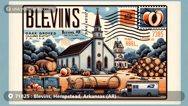 Modern illustration of Blevins, Hempstead County, Arkansas, showcasing local history and industries with Oak Grove Colored Baptist Church, lumber, and peaches, postal elements, and natural scenery.