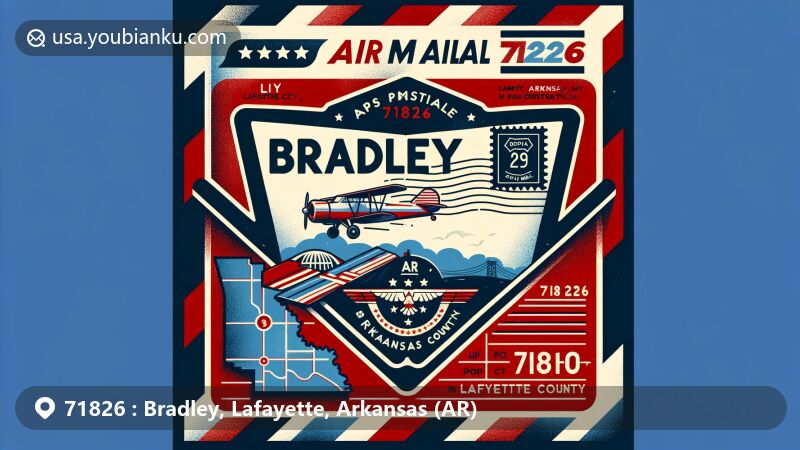 Modern illustration of Bradley, Lafayette County, Arkansas, with a postal theme featuring ZIP code 71826 and vintage-style air mail envelope, showcasing local geography with Arkansas Highways 29 and 160, and Lafayette County outline, and subtly incorporating the Arkansas state flag.