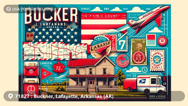 Modern illustration of Buckner, Lafayette County, Arkansas, capturing the essence of small-town life with flat lands and natural beauty, incorporating Arkansas state flag, Lafayette County map, vintage postcard layout, air mail envelope, stamps, postmark with ZIP Code 71827, and traditional postal elements.