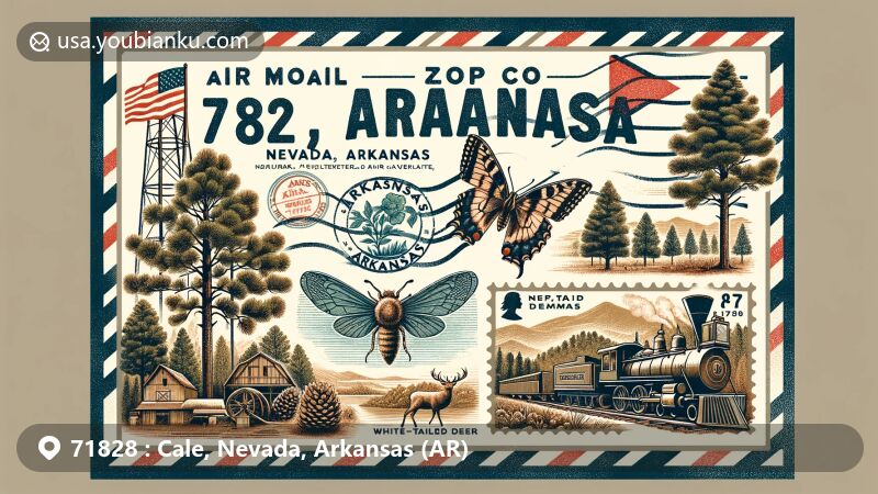 Creative illustration of Cale, Nevada, Arkansas, with ZIP code 71828, featuring vintage air mail envelope with Arkansas state flag, pine trees, white-tailed deer, sawmill, and stamps of Diana Fritillary Butterfly and honeybee.