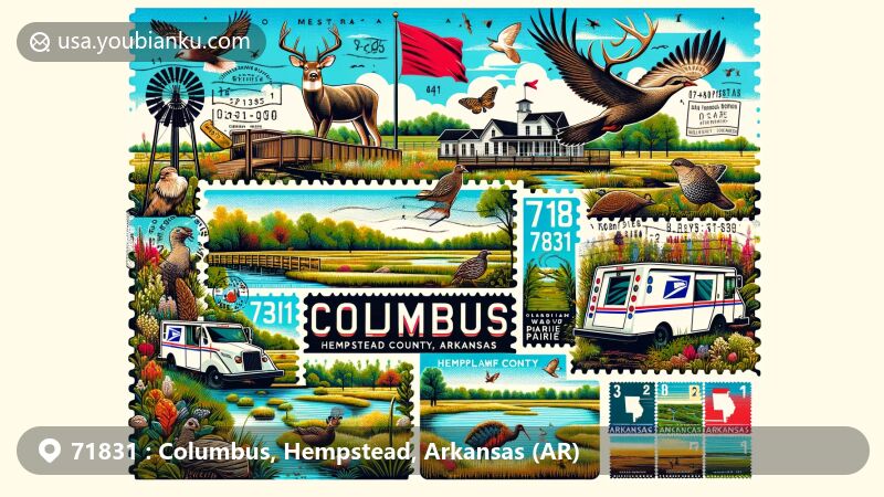 Modern illustration of Columbus, Hempstead County, Arkansas, highlighting postal theme with ZIP code 71831, featuring Rick Evans Grandview Prairie Nature Center, diverse wildlife, conservation pond, and blackland prairie ecosystem.