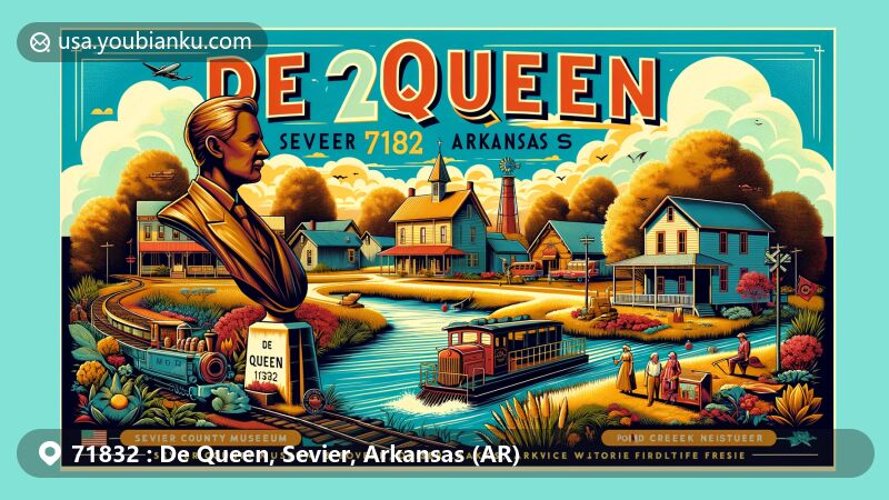 Modern illustration of De Queen, Sevier County, Arkansas, featuring ZIP code 71832, showcasing rich cultural and natural heritage, historic founding, and local community symbols.