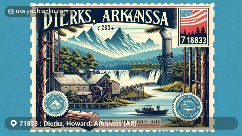 Modern illustration of Dierks, Arkansas, highlighting postal theme with ZIP code 71833, featuring pine trees, sawmill, Dierks Lake for recreational activities, Ouachita Mountains, and Panther Bluff Falls.