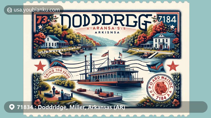 Modern illustration of Doddridge, Miller County, Arkansas, featuring postal theme with ZIP code 71834, showcasing the Spring Bank Ferry and elements of natural beauty and small-town charm.