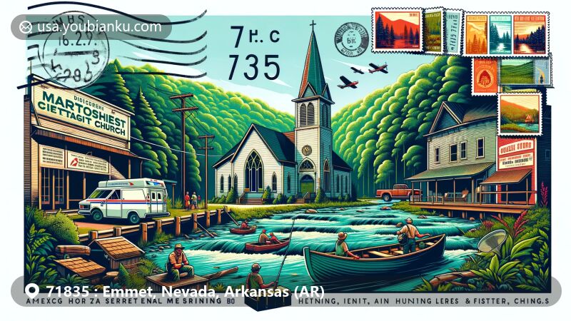 Modern illustration of Emmet, Arkansas, capturing the essence of a peaceful rural town near Ouachita National Forest, featuring local Methodist Church and outdoor activities like camping, hunting, and fishing.