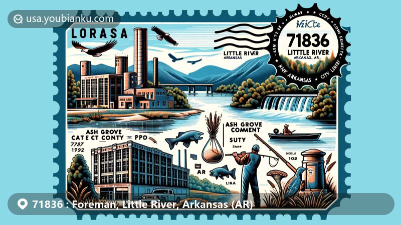 Modern illustration of Foreman, Little River, Arkansas, showcasing natural and cultural highlights, including the Ouachita Mountains, Ash Grove Cement Company plant, hunting and fishing activities, 1902 city jail museum, vintage-style postage stamp with ZIP code 71836, mailbox, and postal truck.