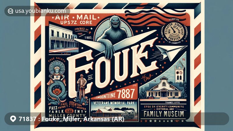 Modern illustration of Fouke, Miller County, Arkansas, featuring vintage air mail envelope with landmarks and symbols, including Fouke Monster, Seventh Day Baptist influence, Veterans Memorial Park, and Community Center.