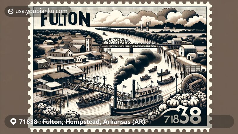 Modern illustration of Fulton, Hempstead County, Arkansas, showcasing the town's history and postal connections with a postal theme, steamboats, railroads, and contemporary infrastructure.